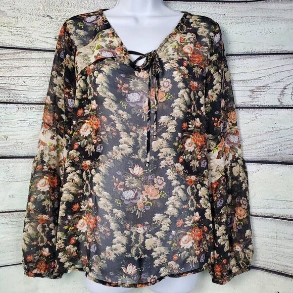 Forever 21 Contemporary Women's Floral Sheer Boho Peasant Blouse Size L Long Sle - Picture 1 of 7